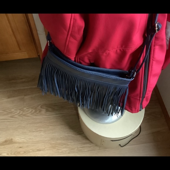 Navy Blue Faux Leather Fringe Cross Body Purse - Picture 2 of 5